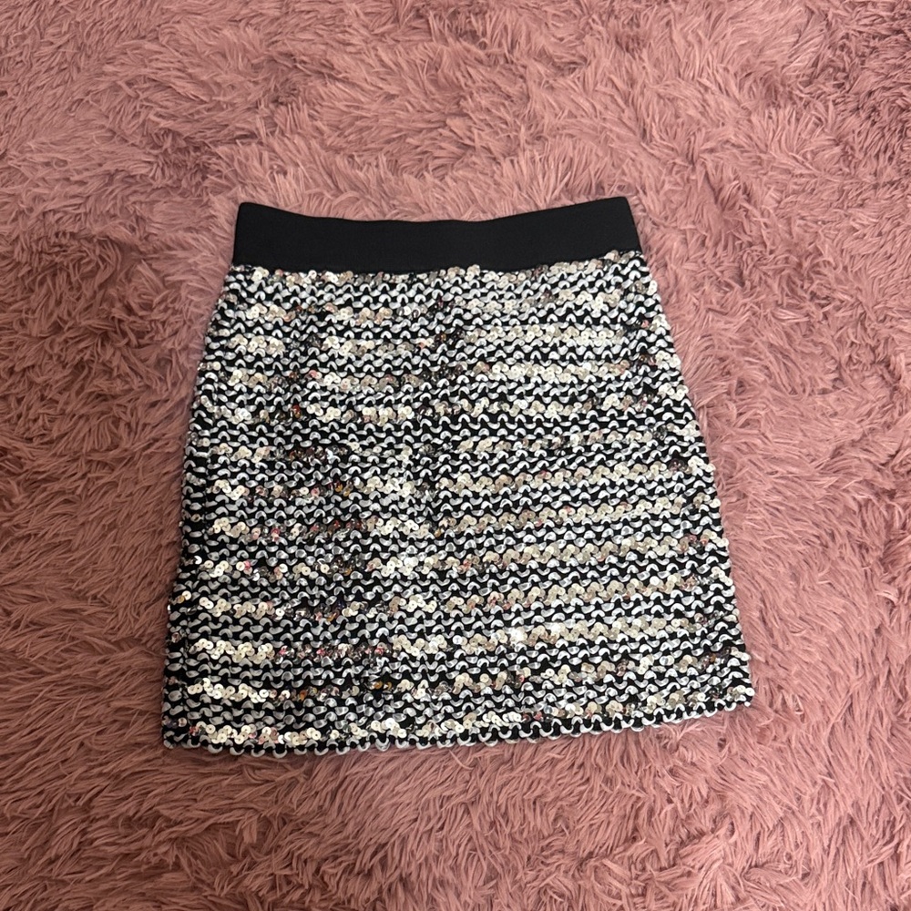 Retro Sequin A-Line Stretch Skirt in Black and Silver